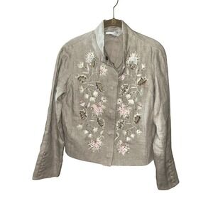 Per Se by Carlisle Beige Linen Floral Embroidered Sequin Jacket Size 4